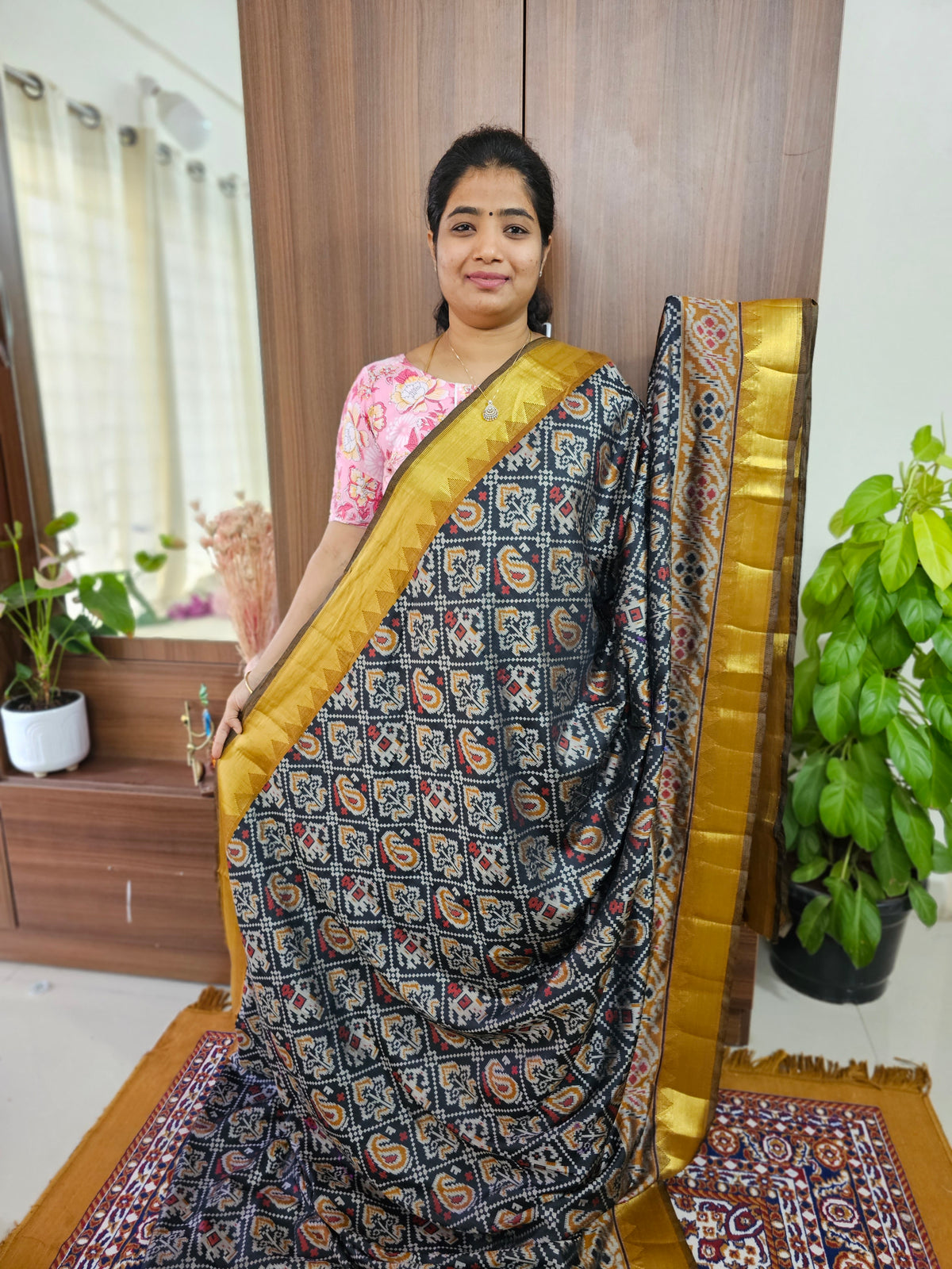 Soft Patola Sarees -  Black with Mustard Yellow