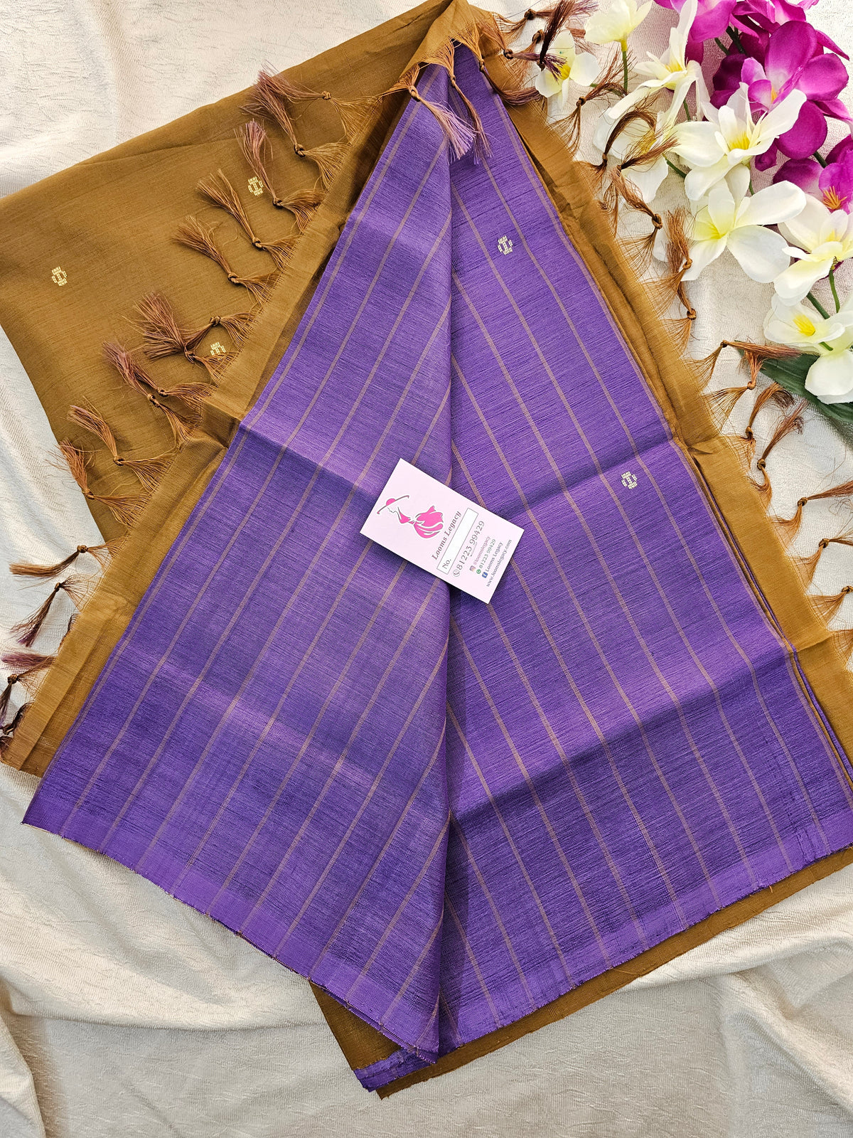 Lavender Stripes with Mustard Brown Pallu Handwoven Chinnalampattu Saree