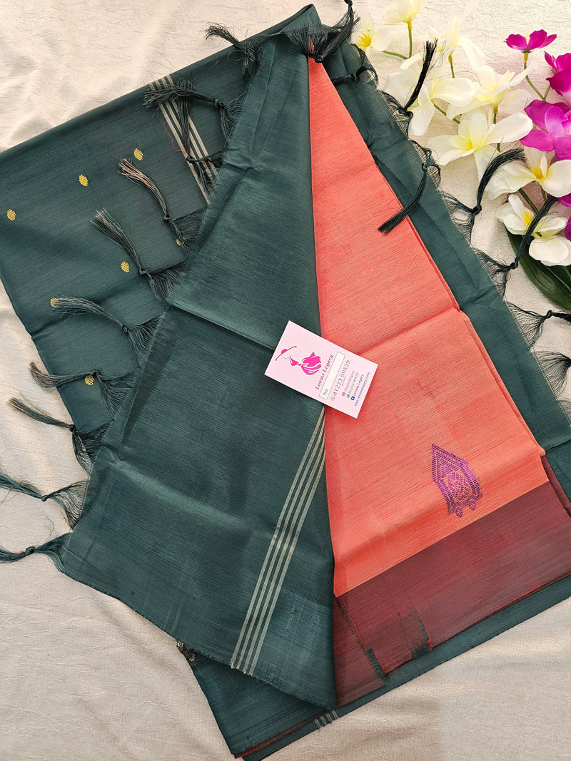 Dark Peach with Bottle Green Pallu Border Handwoven Chinnalampattu Saree