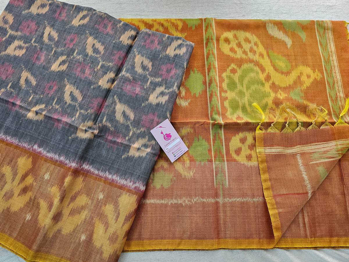 Grey with Mustard Yellow Pochampally Ikkat Silk Cotton (SICO Pattu)