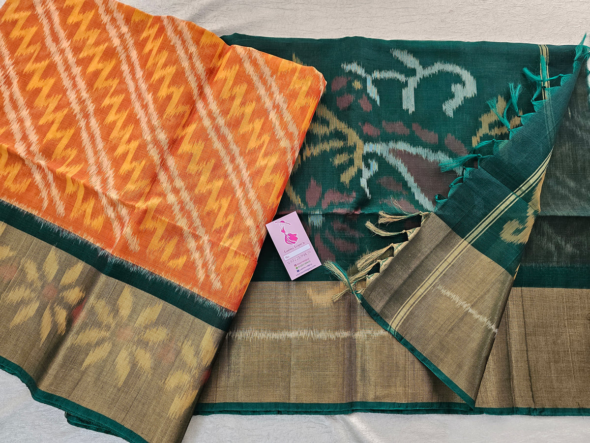 Orange with Bottle Green Pochampally Ikkat Silk Cotton (SICO Pattu)