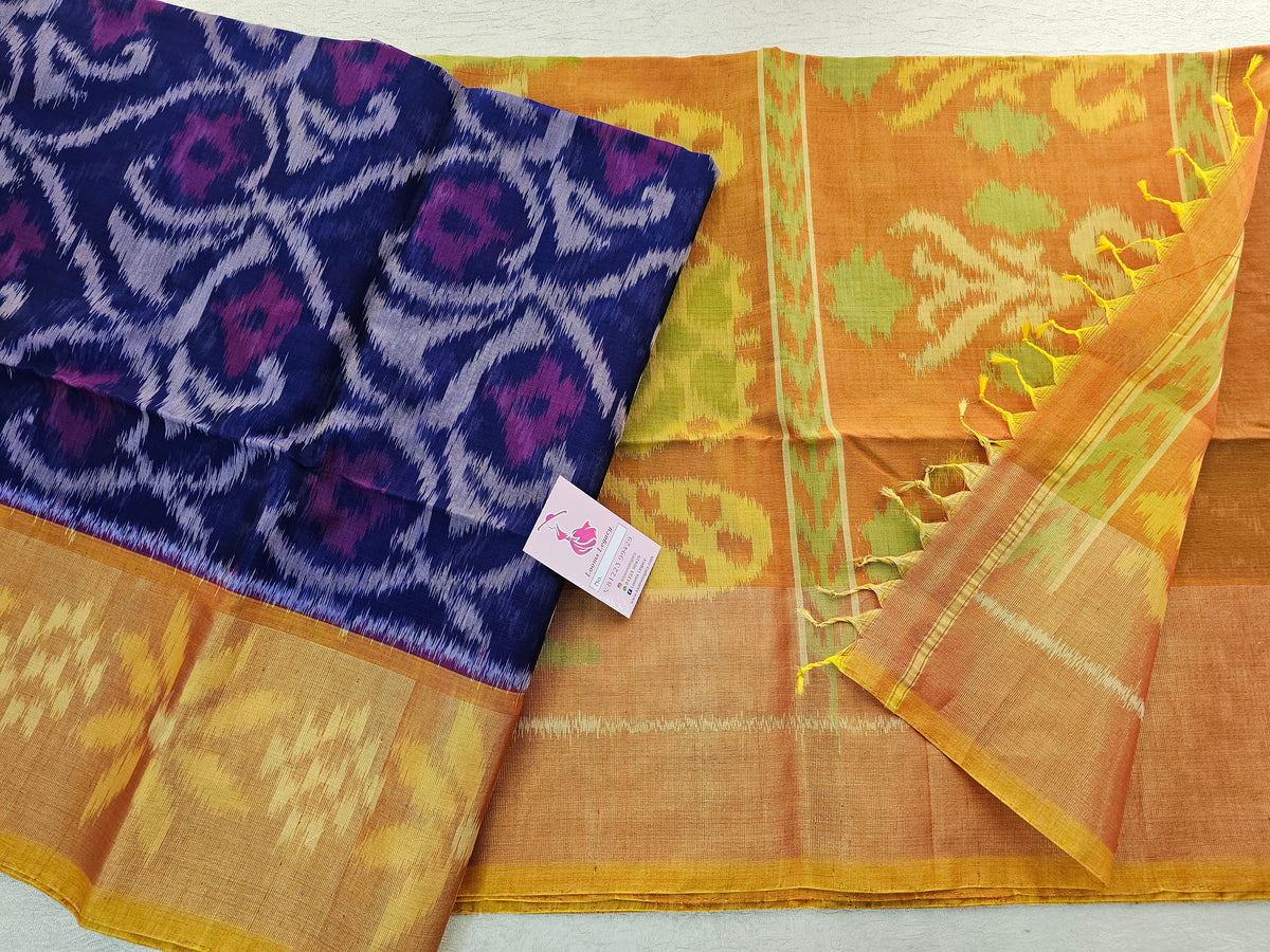 Blue with Mustard Yellow Pochampally Ikkat Silk Cotton (SICO Pattu)