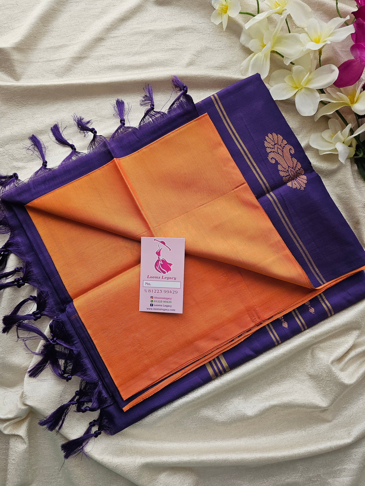 Dual Shade Yellow cum Orange with Purple Pallu Handwoven Chinnalampattu Saree