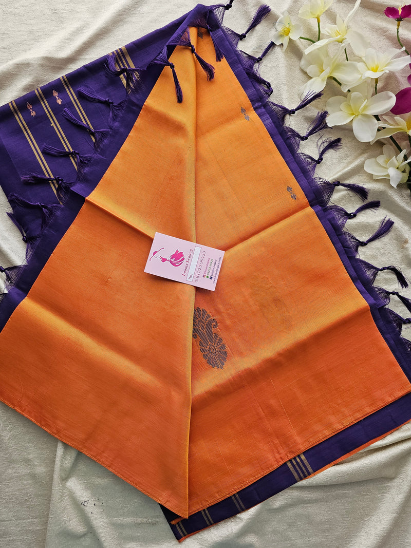 Dual Shade Yellow cum Orange with Purple Pallu Handwoven Chinnalampattu Saree