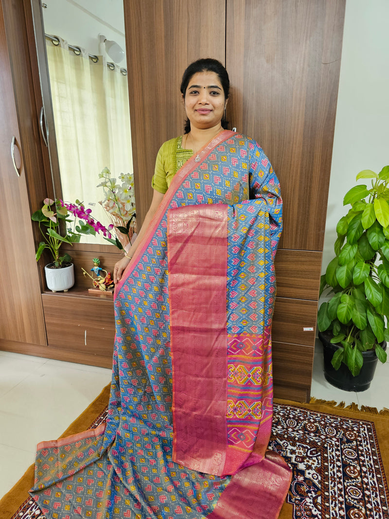 Soft Patola Saree with Kanjivaram Zari Woven Border - Blue with Pink