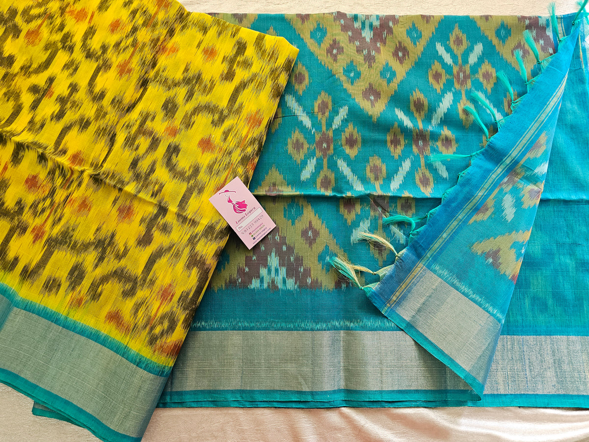 Yellow with Blue Pochampally Ikkat Silk Cotton (SICO Pattu)