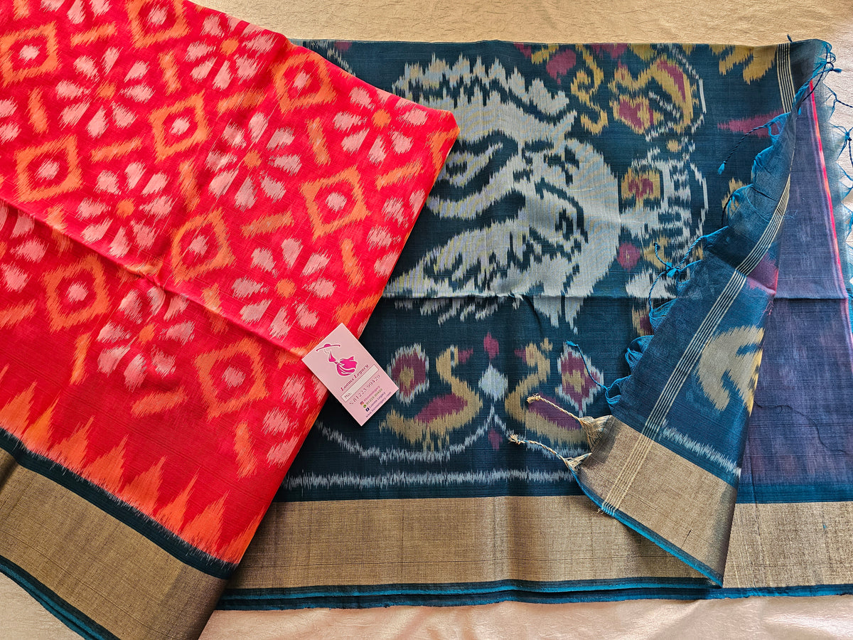 Red with Peacock Green Pochampally Ikkat Silk Cotton (SICO Pattu)