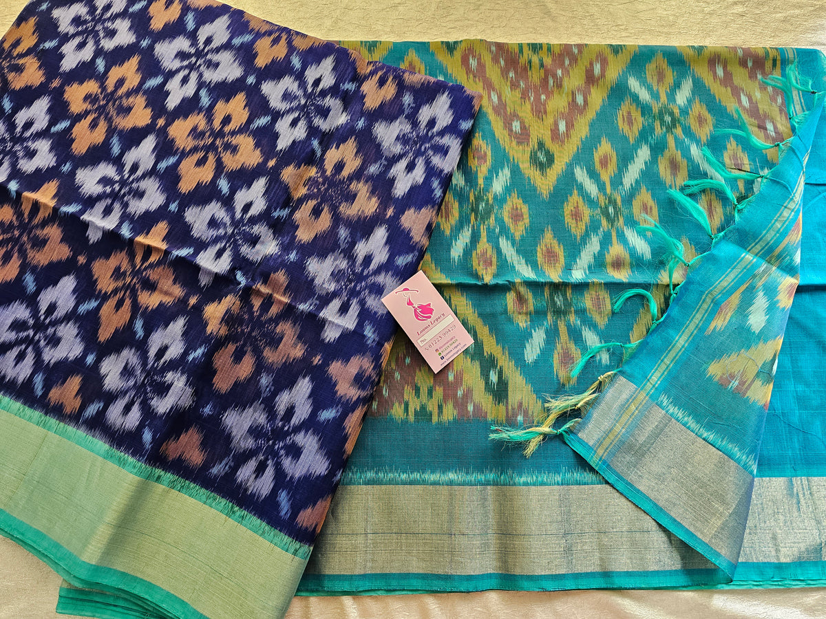 Blue with Sky Blue Pochampally Ikkat Silk Cotton (SICO Pattu)