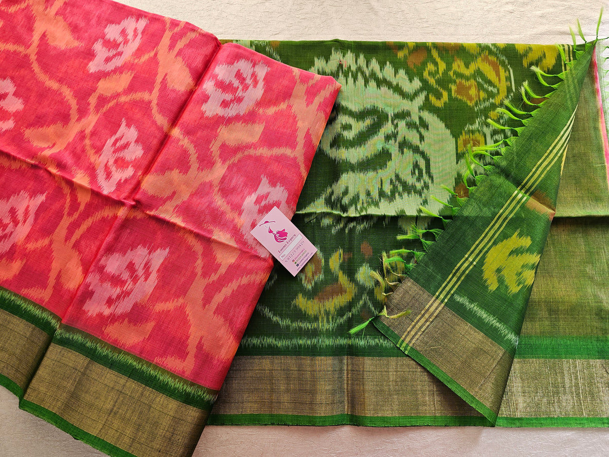 Peach with Green Pochampally Ikkat Silk Cotton (SICO Pattu)