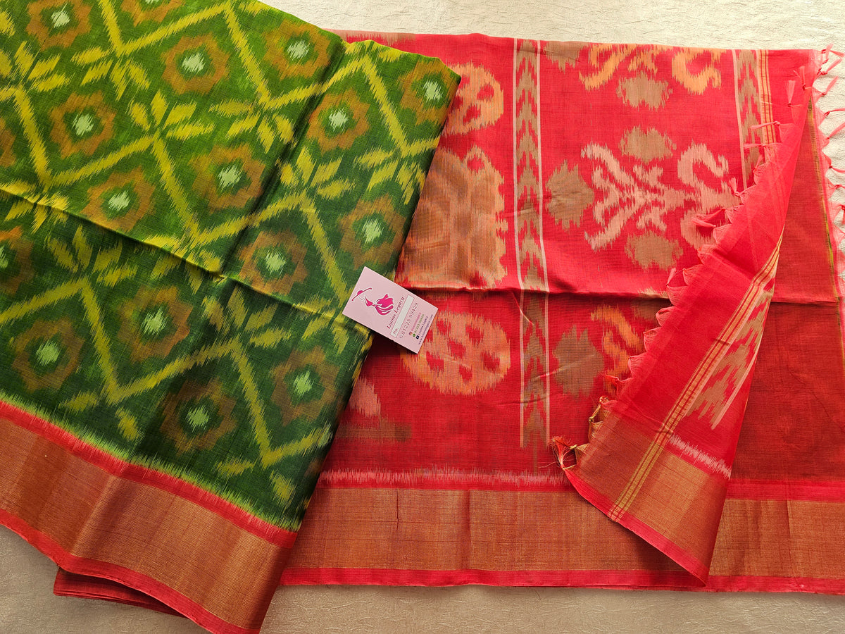 Green with Orange  Pochampally Ikkat Silk Cotton (SICO Pattu)