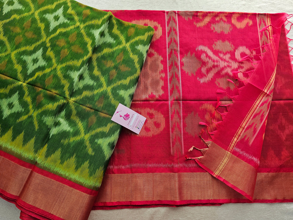 Green with Red Pochampally Ikkat Silk Cotton (SICO Pattu)