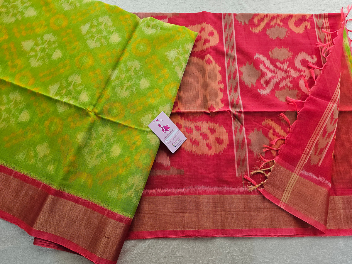 Light Green with Peachish Orange Pochampally Ikkat Silk Cotton (SICO Pattu)