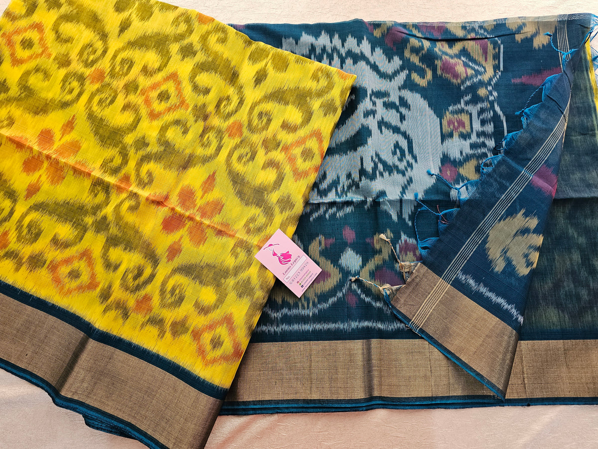 Yellow with Peacock Green Pochampally Ikkat Silk Cotton (SICO Pattu)