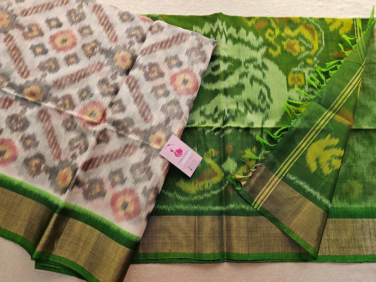 Cream with Green Pochampally Ikkat Silk Cotton (SICO Pattu)