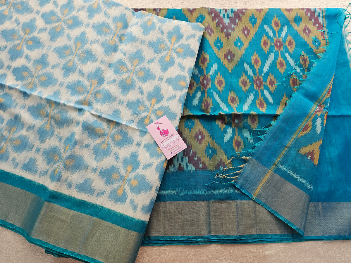 White with Blue Pochampally Ikkat Silk Cotton (SICO Pattu)