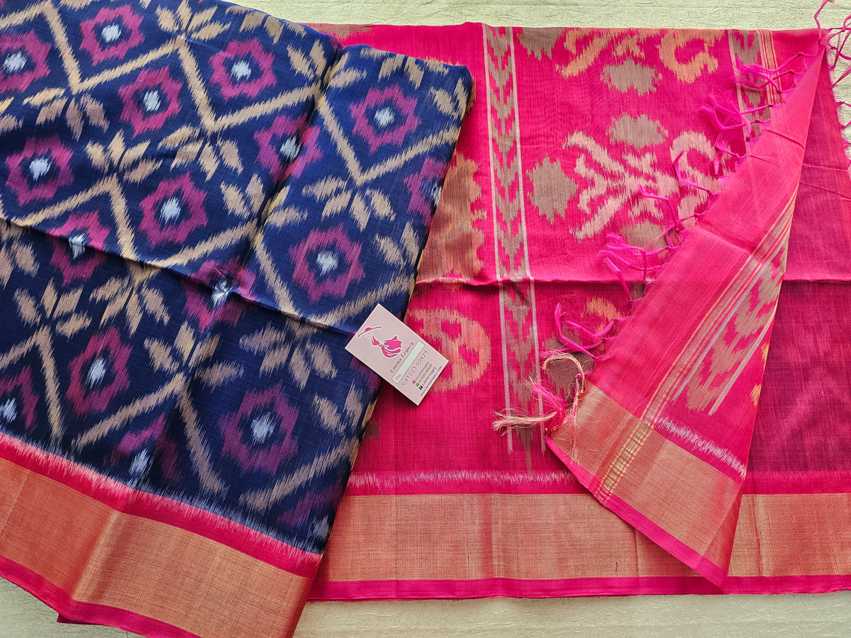 Blue with Pink Pochampally Ikkat Silk Cotton (SICO Pattu)