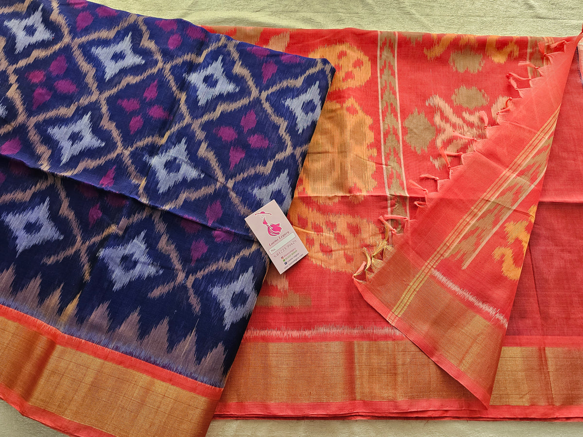 Blue with Dark Peach Pochampally Ikkat Silk Cotton (SICO Pattu)