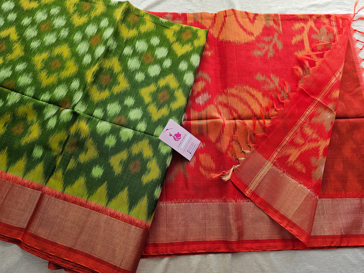 Green with Orange Pochampally Ikkat Silk Cotton (SICO Pattu)