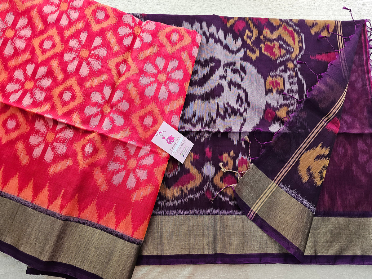 Red with Purple Pochampally Ikkat Silk Cotton (SICO Pattu)