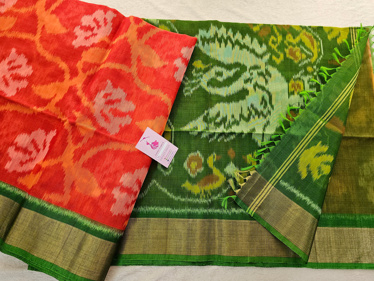 Dark Orange with Green Pochampally Ikkat Silk Cotton (SICO Pattu)