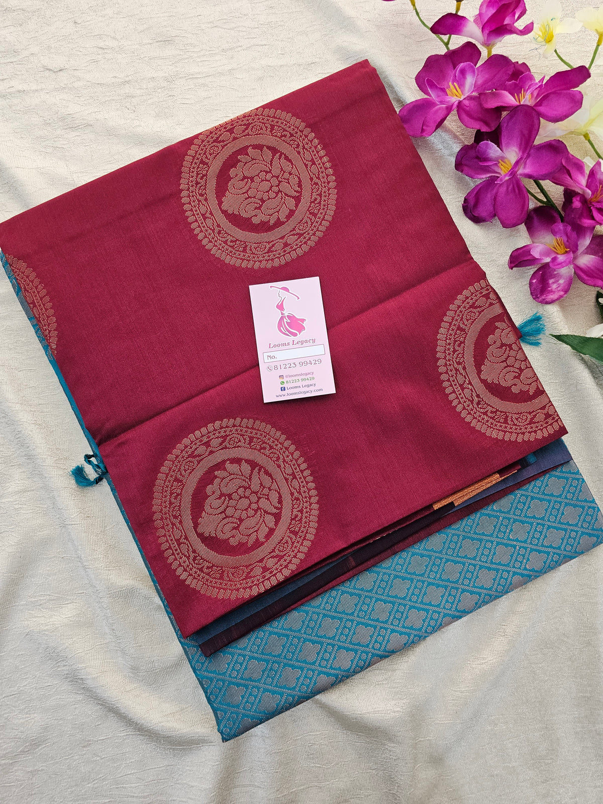 Maroon with Dark Sea Green  Copper Zari Woven Border Semi Soft Silk Saree