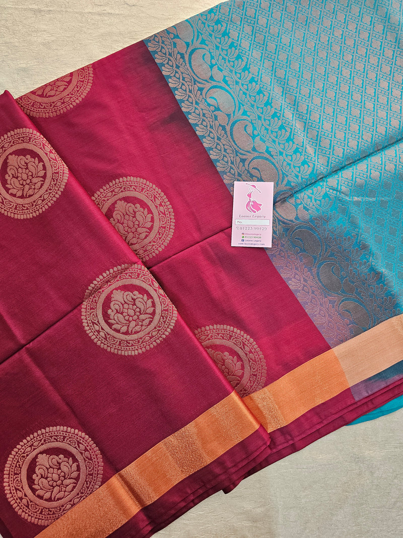 Maroon with Dark Sea Green  Copper Zari Woven Border Semi Soft Silk Saree