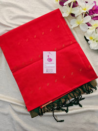 Red with Bottle Green Copper Zari Woven Border Semi Soft Silk Saree