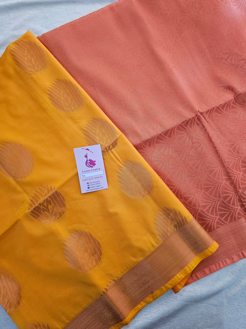 Mango Yellow with Peach Copper Zari Woven Border Semi Soft Silk Saree