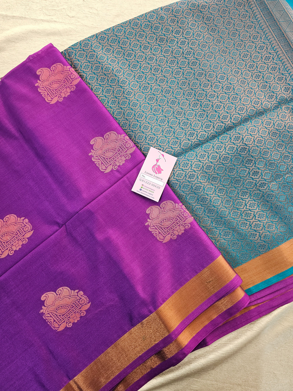 Purple with Peacock Blue  Copper Zari Woven Border Semi Soft Silk Saree