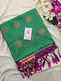 Green with Magenta Copper Zari Woven Border Semi Soft Silk Saree