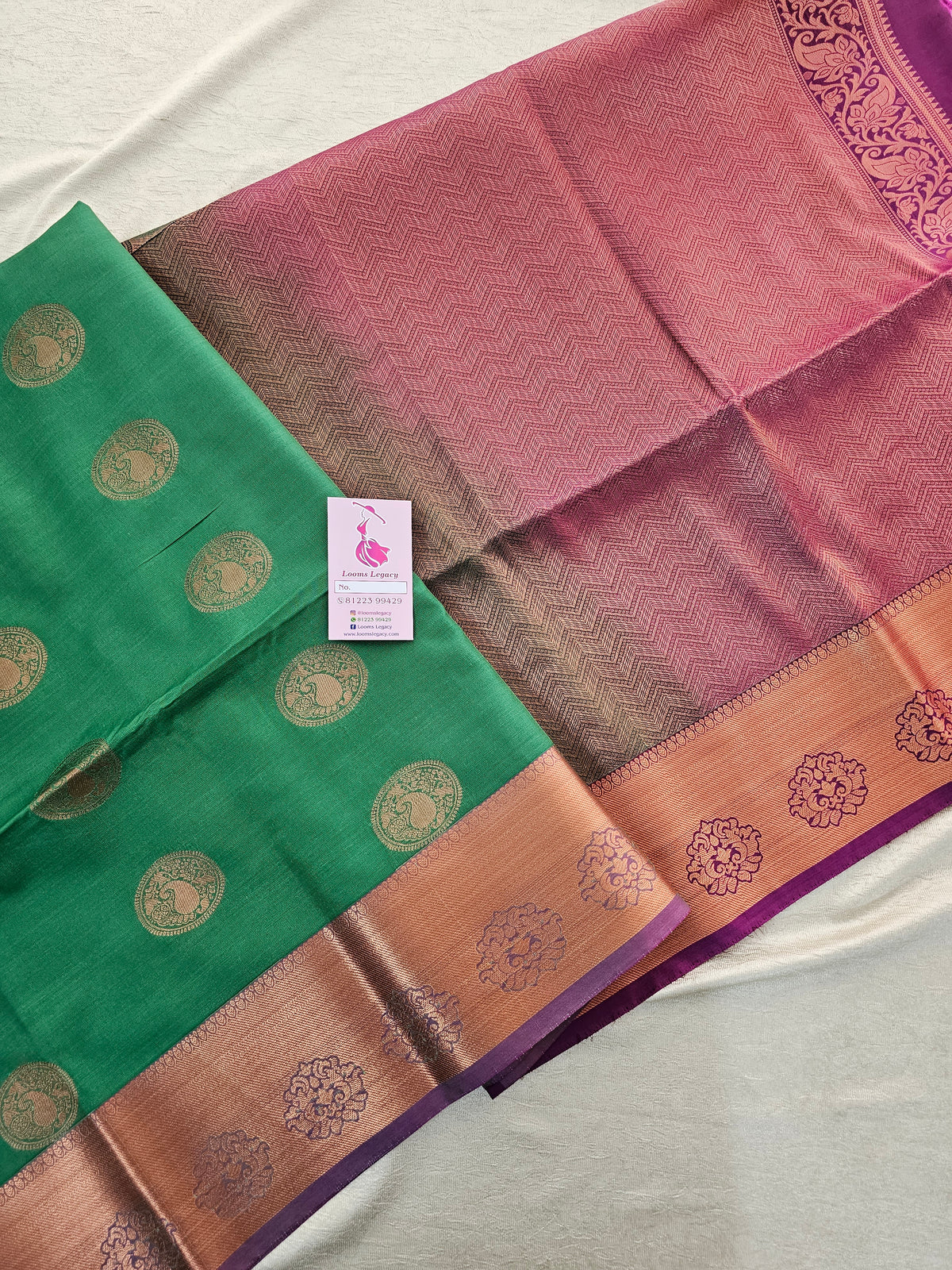 Green with Magenta Copper Zari Woven Border Semi Soft Silk Saree