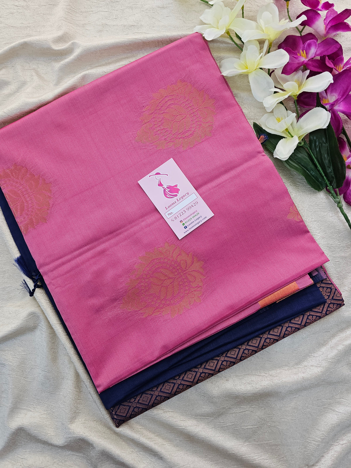 Pink with Navy Blue  Copper Zari Woven Border Semi Soft Silk Saree