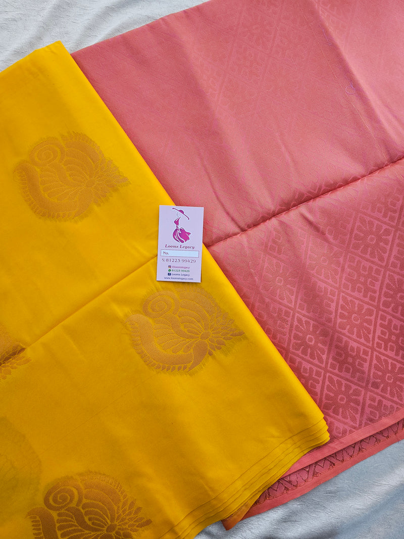 Mango Yellow with Peach Copper Zari Woven Borderless Semi Soft Silk Saree