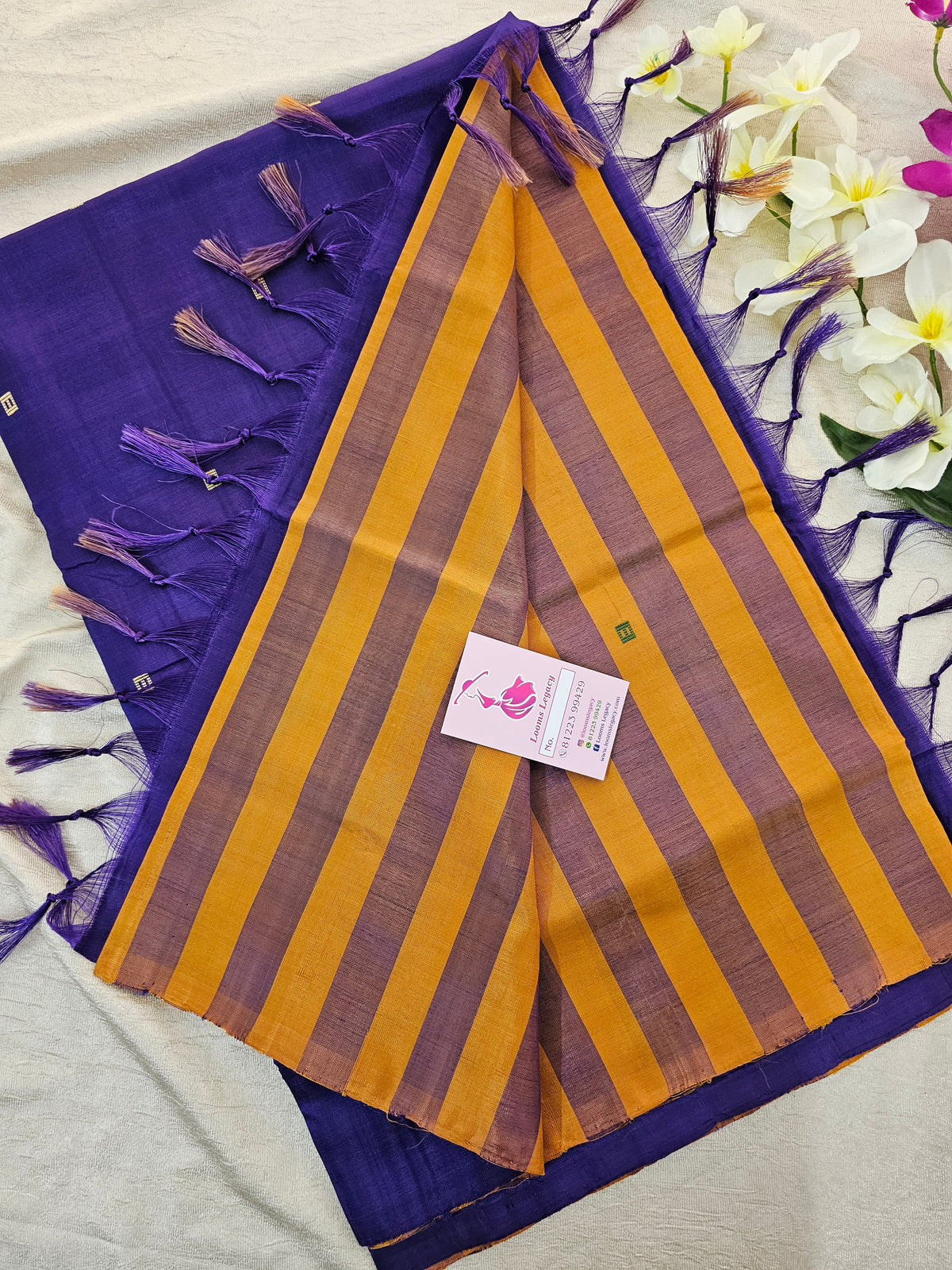 Mustard  Yellow Stripes with Violet Pallu Handwoven Chinnalampattu Saree