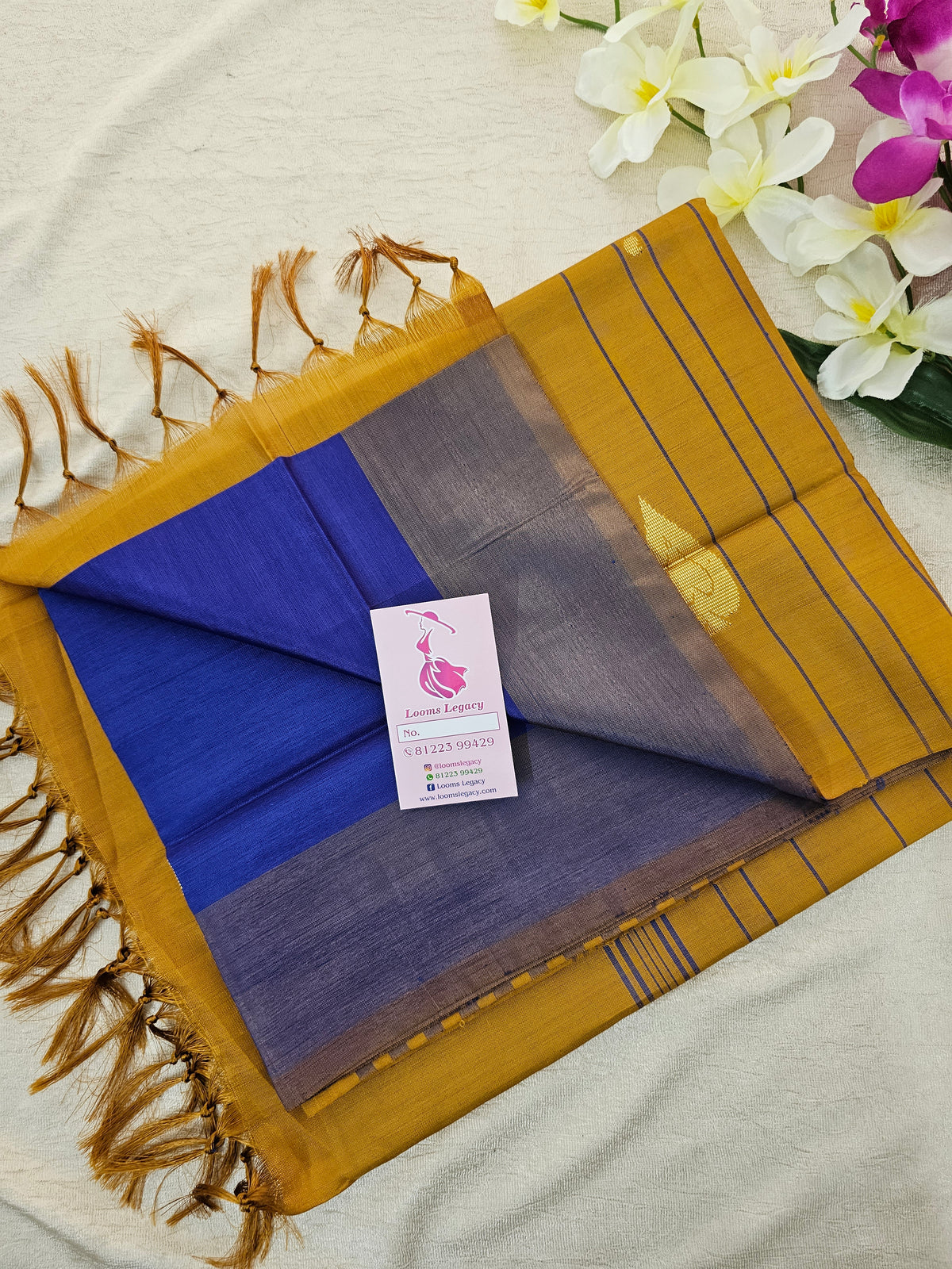 Blue with Mustard Yellow Pallu Border Handwoven Chinnalampattu Saree