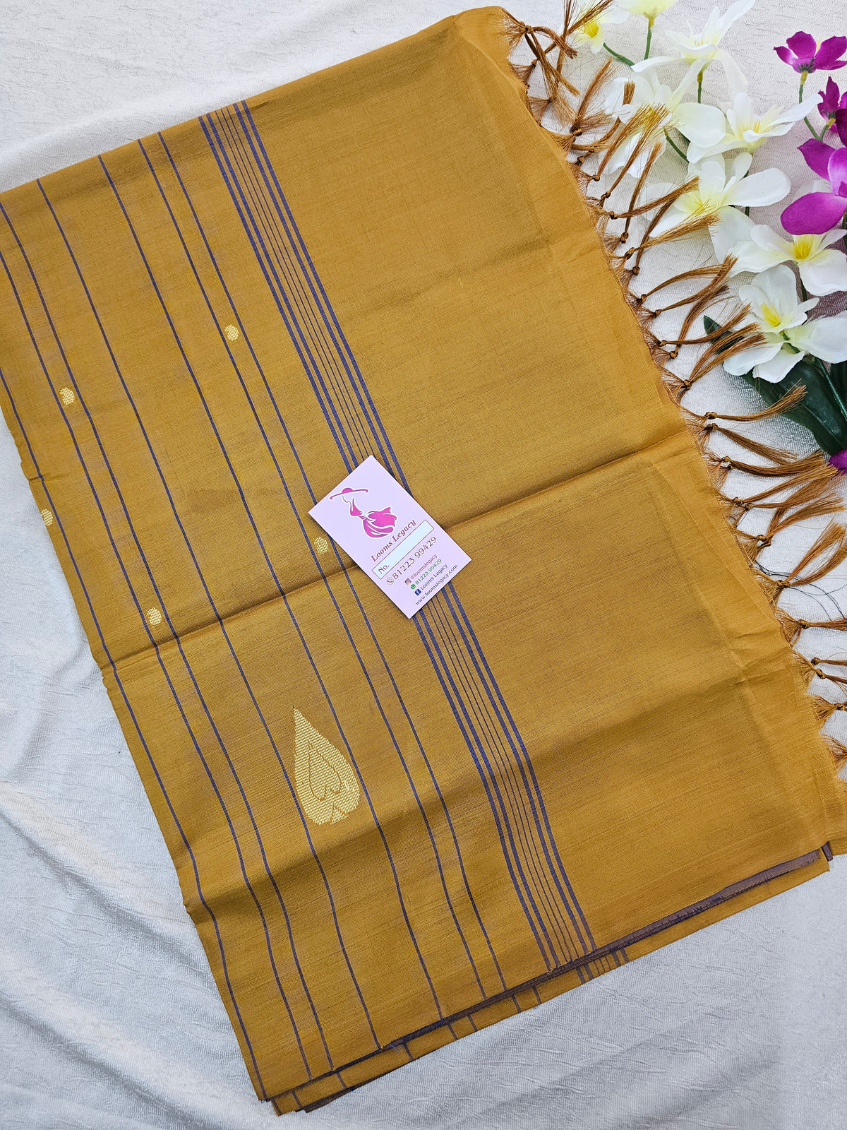 Blue with Mustard Yellow Pallu Border Handwoven Chinnalampattu Saree