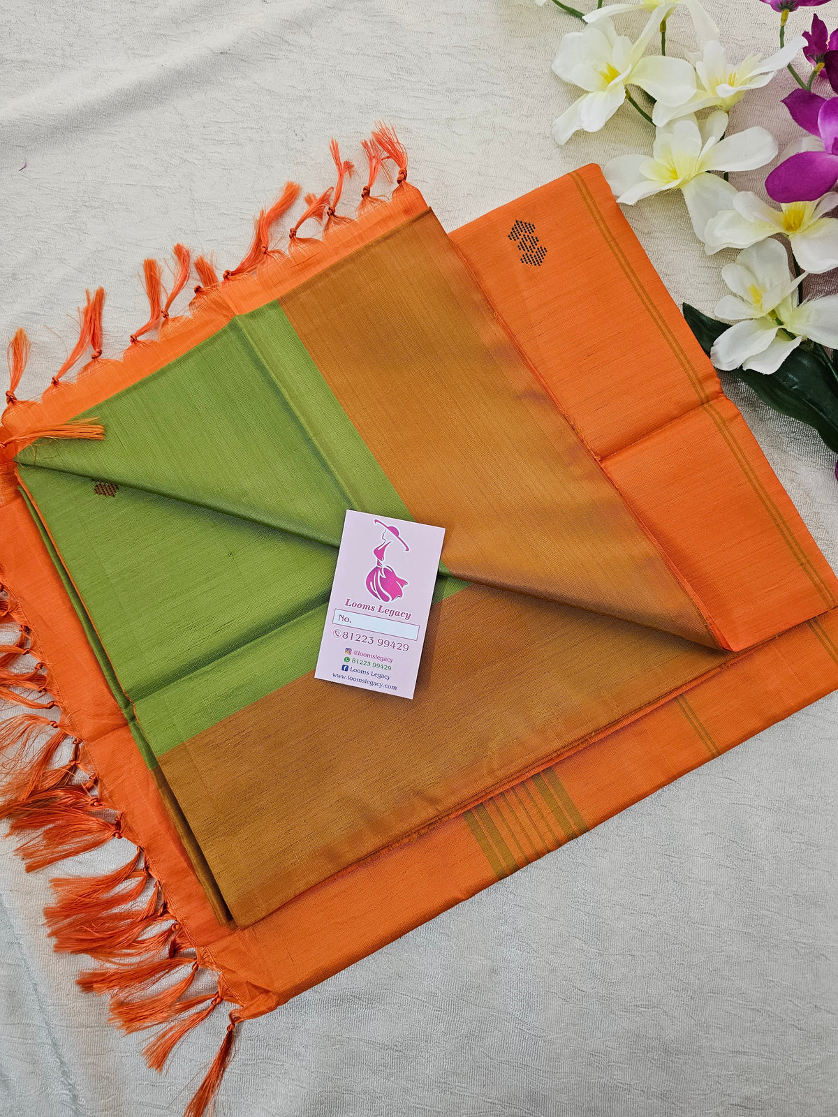 Green with Orange Border Pallu Border Handwoven Chinnalampattu Saree