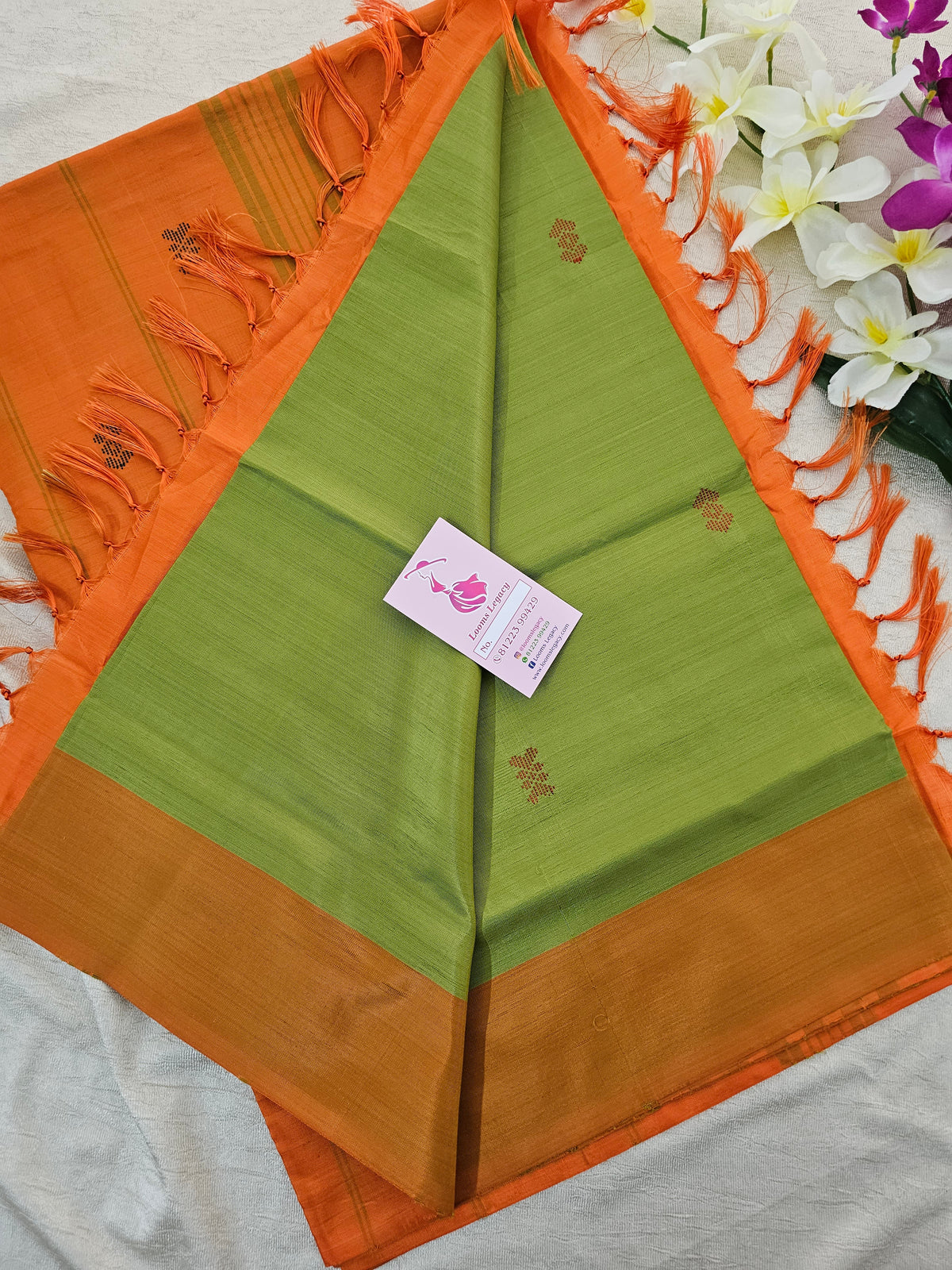 Green with Orange Border Pallu Border Handwoven Chinnalampattu Saree