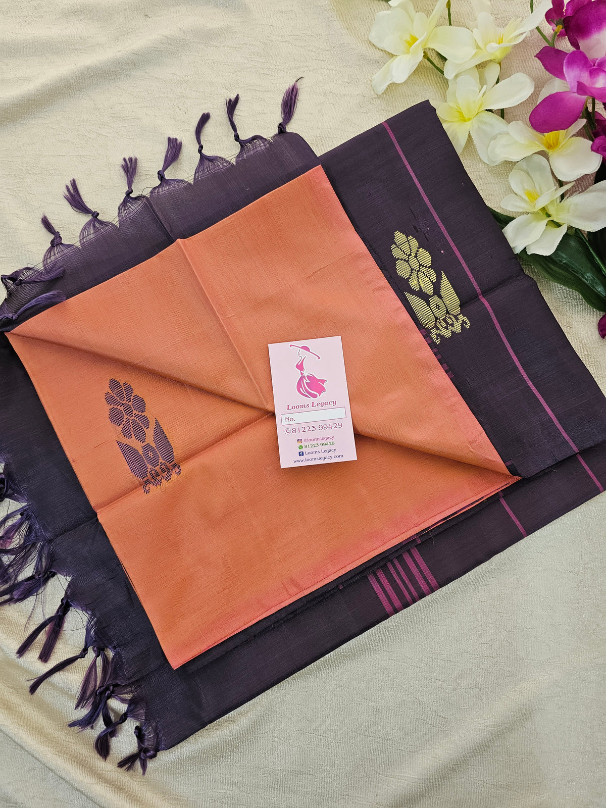 Peachish Pink with Dark Purple Shade  Pallu Handwoven Chinnalampattu Saree