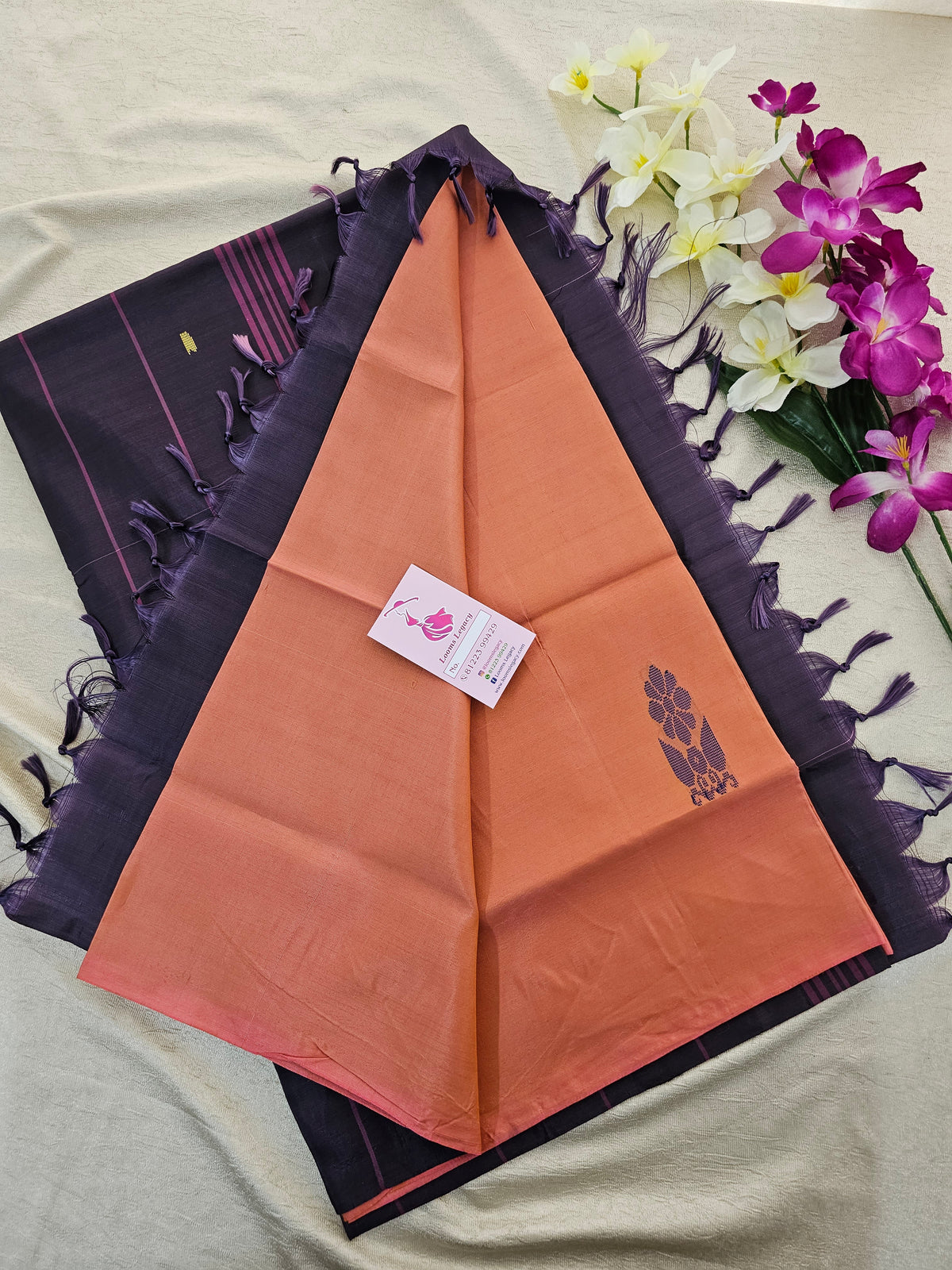 Peachish Pink with Dark Purple Shade  Pallu Handwoven Chinnalampattu Saree