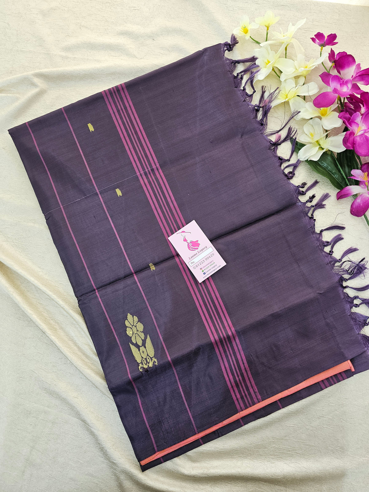 Peachish Pink with Dark Purple Shade  Pallu Handwoven Chinnalampattu Saree