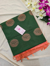 Bottle Green with Peach Copper Zari Woven Border Semi Soft Silk Saree