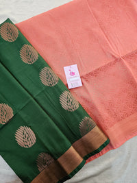 Bottle Green with Peach Copper Zari Woven Border Semi Soft Silk Saree