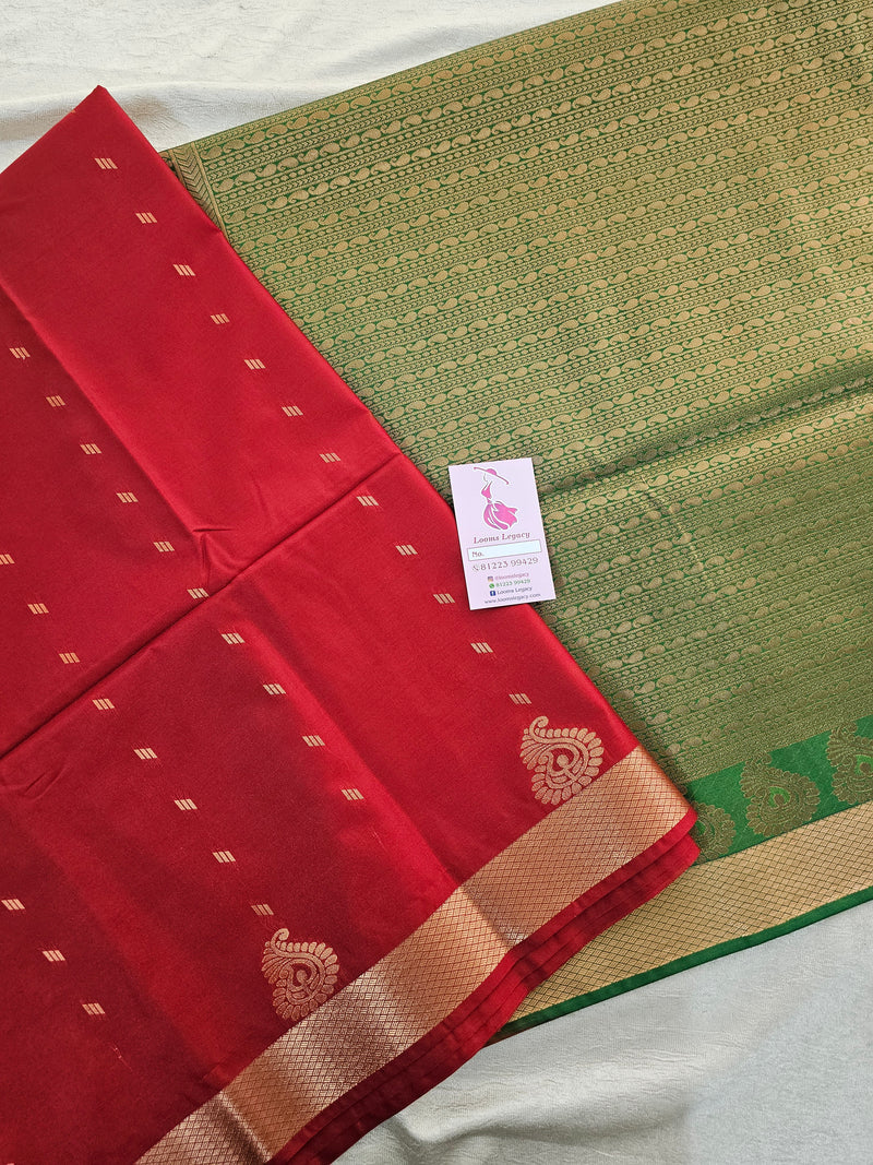 Maroon with Bottle Green Copper Zari Woven Border Semi Soft Silk Saree