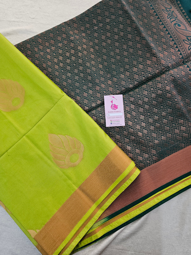 Lime Green with Bottle Green Copper Zari Woven Border Semi Soft Silk Saree