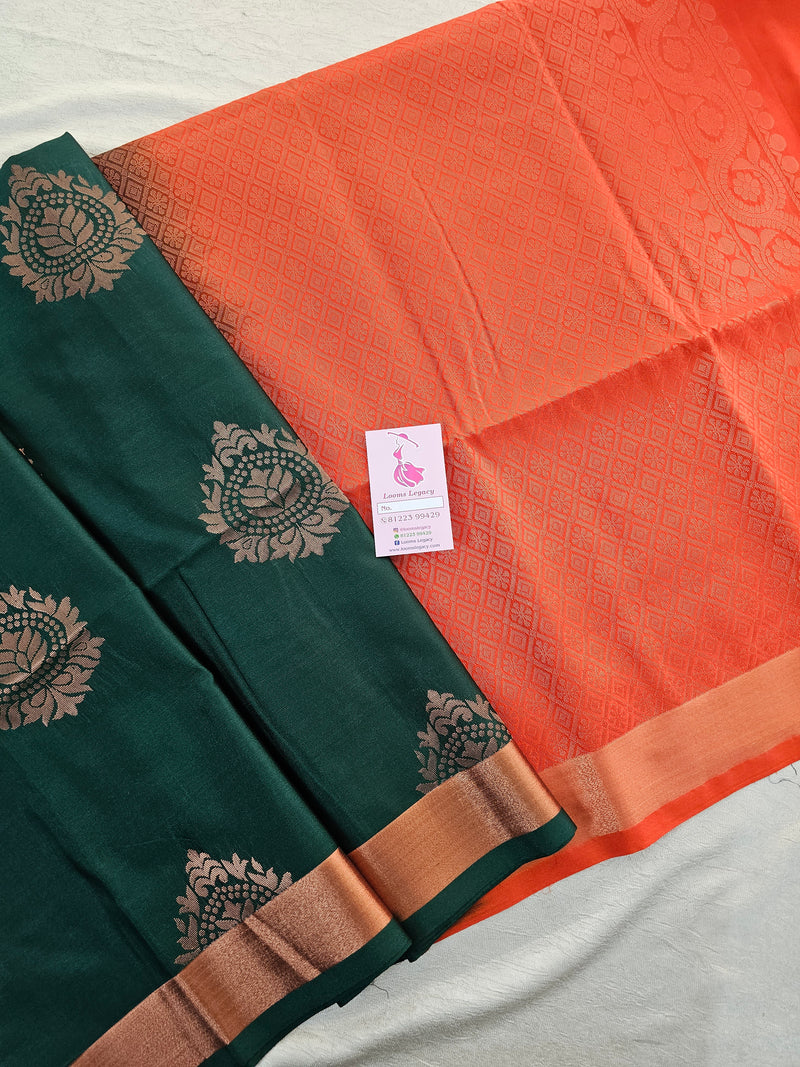 Bottle Green with Orange  Copper Zari Woven Border Semi Soft Silk Saree