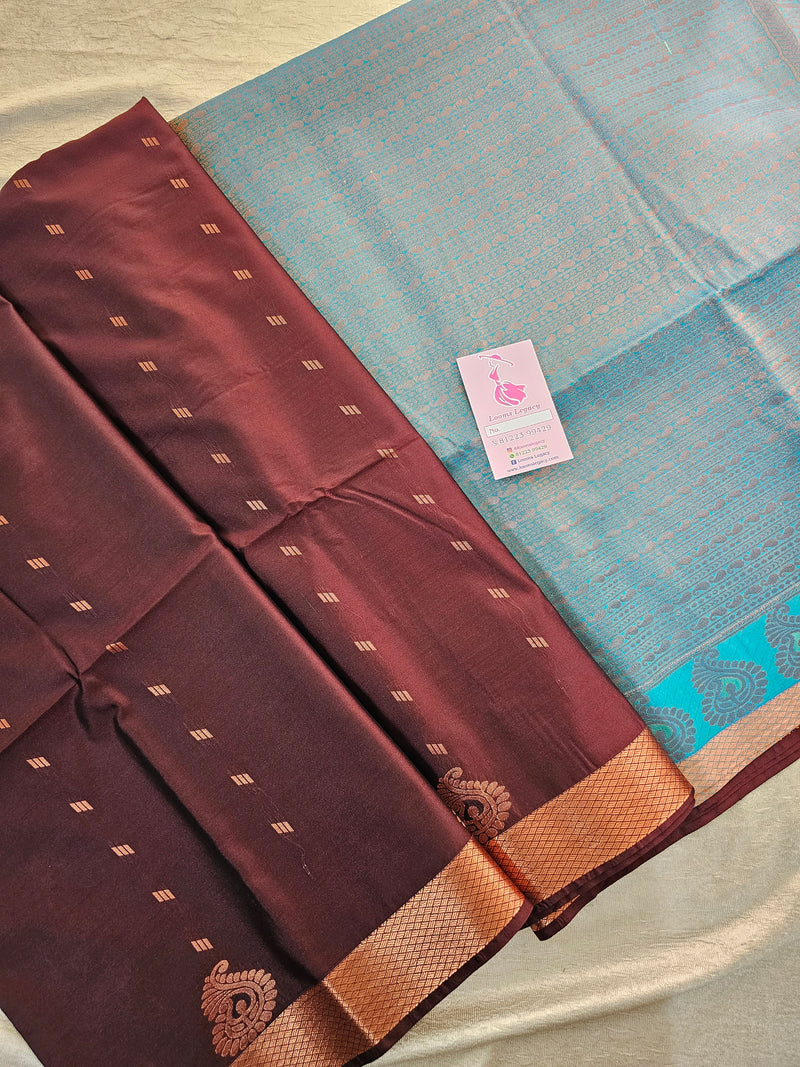 Brown with Blue Copper Zari Woven Border Semi Soft Silk Saree