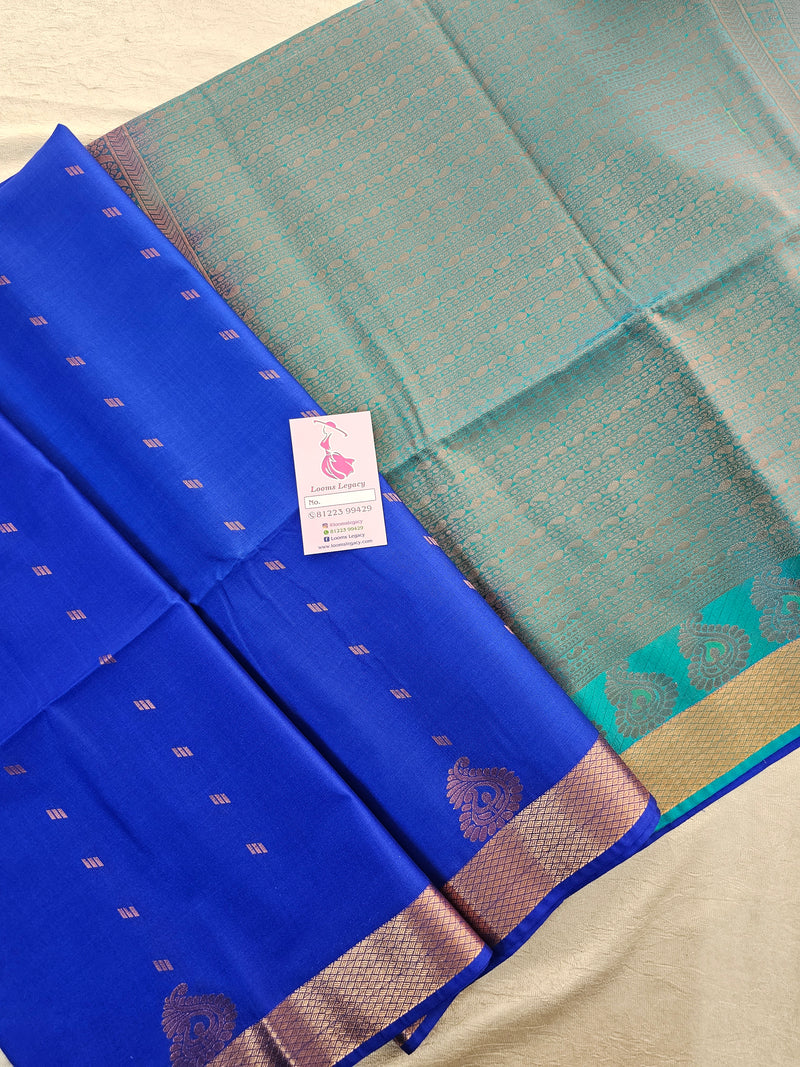 Blue with Sea Green Copper Zari Woven Border Semi Soft Silk Saree