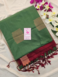 Dark Green with Maroon Copper Zari Woven Border Semi Soft Silk Saree