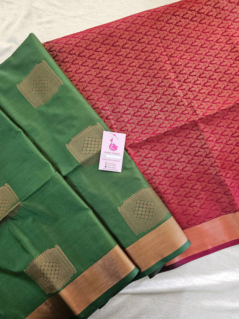 Dark Green with Maroon Copper Zari Woven Border Semi Soft Silk Saree